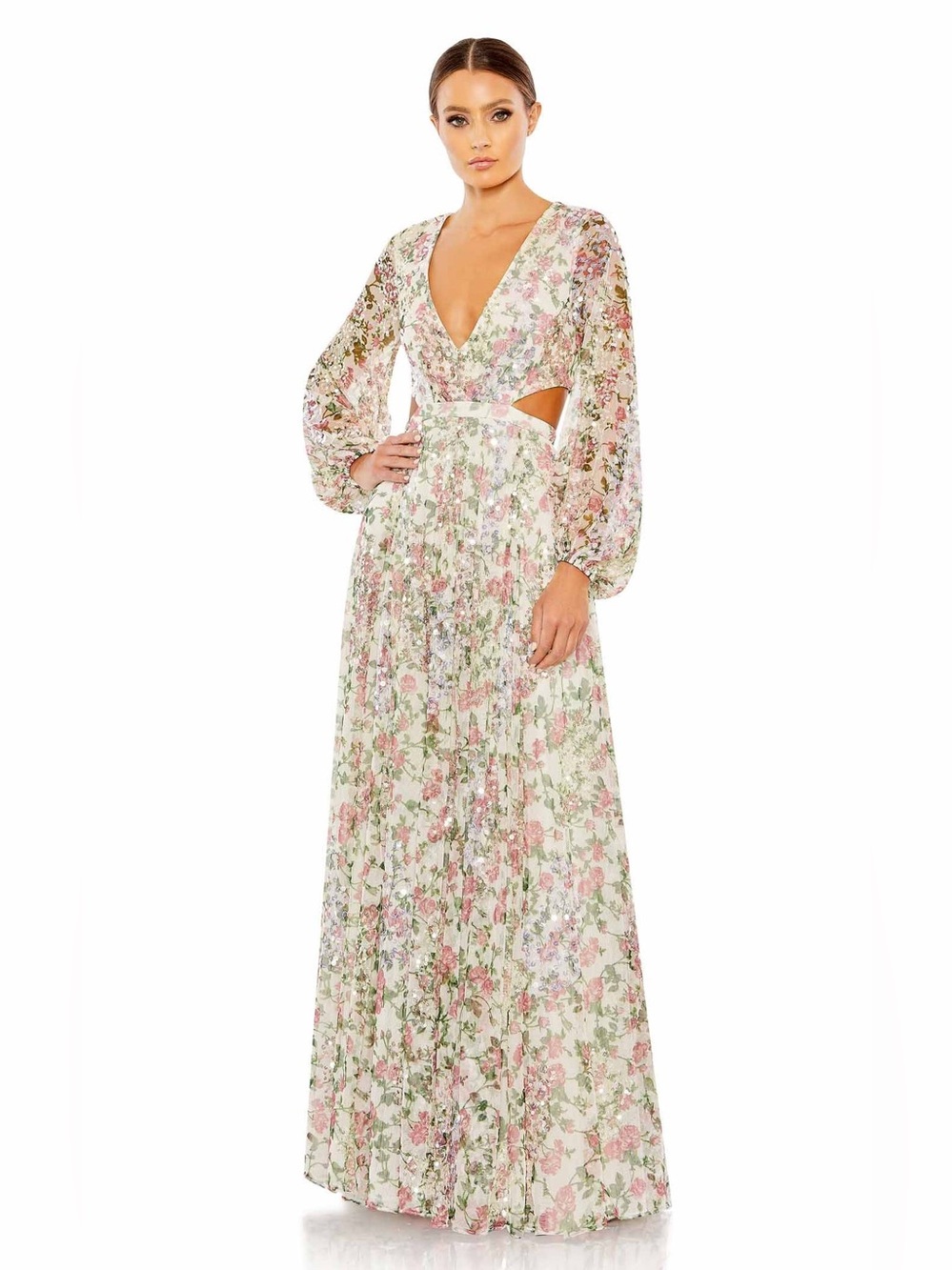 Mac Duggal 93746 Sequined Floral Print Cutout LaceUp Gown Sz 0 NWT $698 Wedding